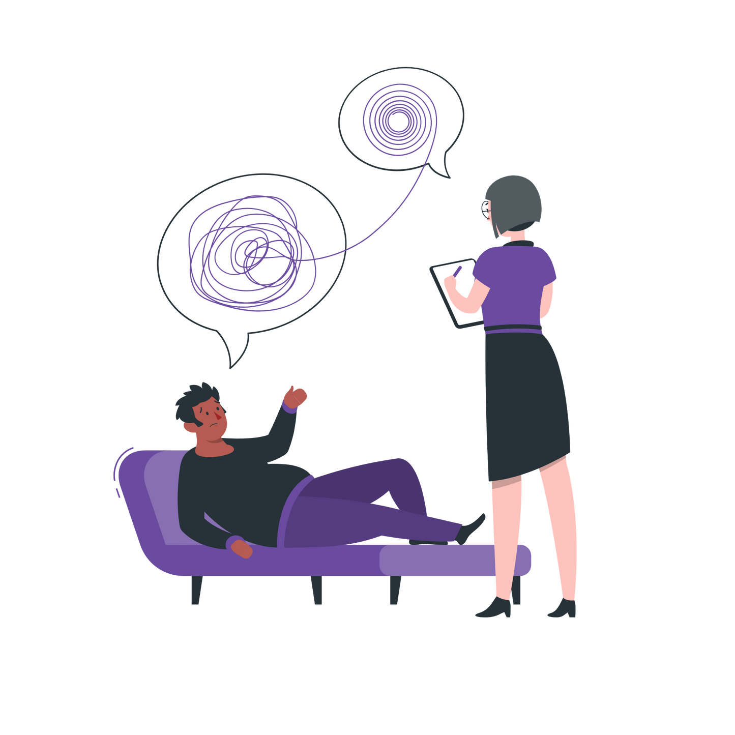 Una persona en un divan contando sus problemas a una psicologa. Sesiones de psicologia a medida para ti. Podrás tener a tu psicologo en presencial: regalate terapia. Cuida de ti.