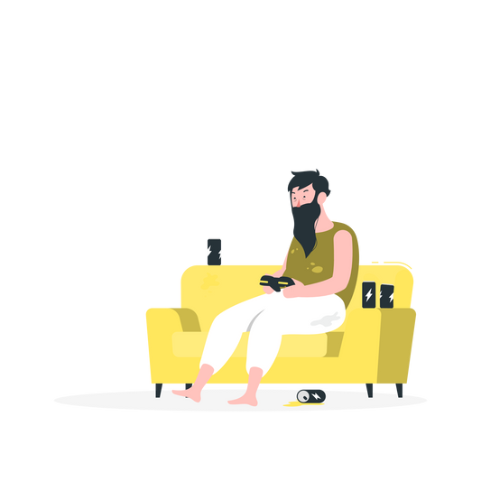 Adicción al porno, se ve un señor desaliñado en el sofa, con bebidas energeticas tiradas en el sulo y un mando. Sucio y cansado, mirando la television horas y horas. Si tu amigo esta enganchado al porno este regalo es estupendo.