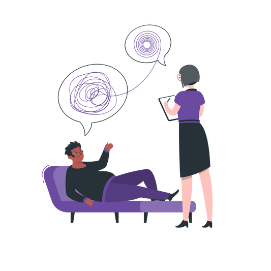 Una persona en un divan contando sus problemas a una psicologa. Sesiones de psicologia a medida para ti. Podrás tener a tu psicologo en presencial: regalate terapia. Cuida de ti.