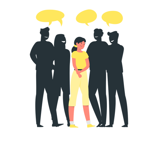 Una persona sufriendo fomo, en una fiesta con varias personas que se ven como sombras que hablan. Cuando uno tiene fomo, siente ansiedad y no se divierte porque siempre piensa que hay un plan mejor justo donde no vamos. Este regalo orginal les ayudará a estar más presentes.