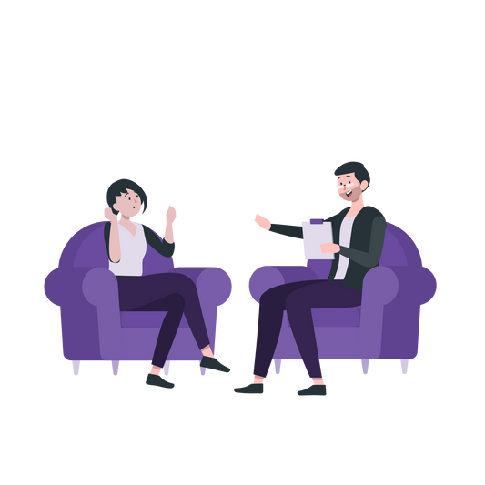 Sesion presencial de un terapeuta psicologo con un paciente, hablando y pudiendo resolver problemas 